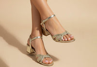 gold low block heel with braided detail