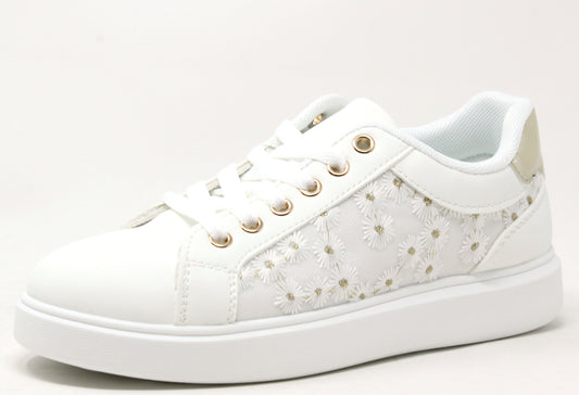 beige platform trainer with daisy design