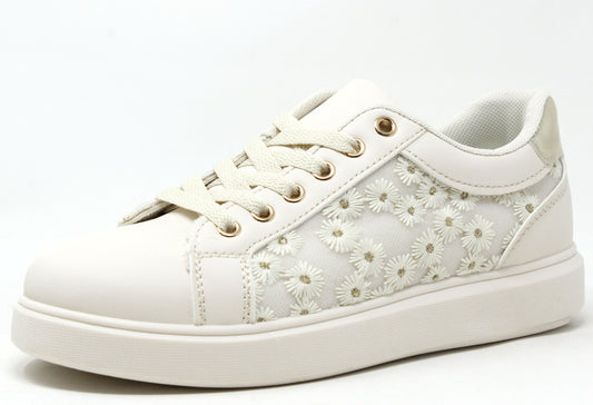 beige platform trainer with daisy design