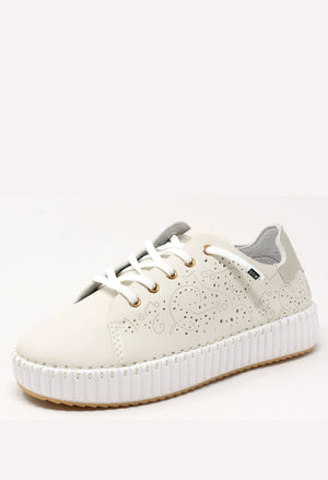 White sneaker with a gray sole on a white background