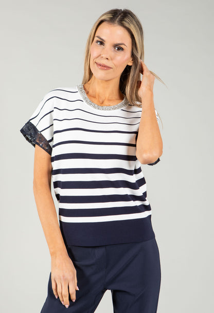 Diamante Detail Striped Top