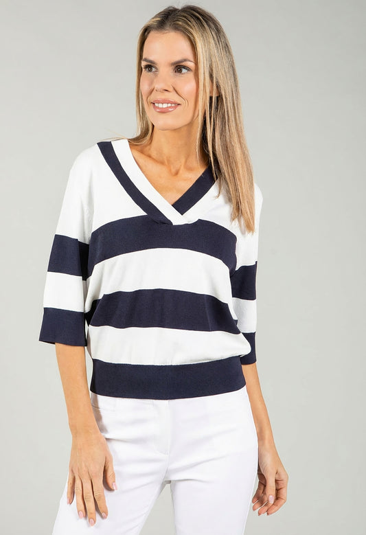 Striped Fine Knit V-Neck Top