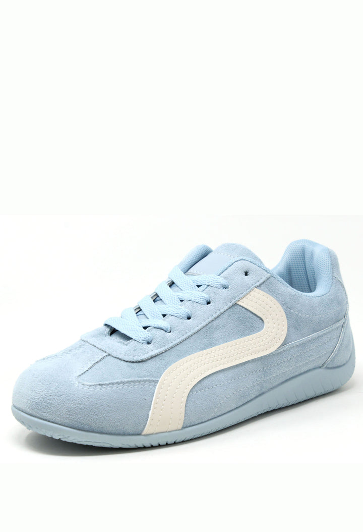 Light blue sneaker with a white stripe on a white background