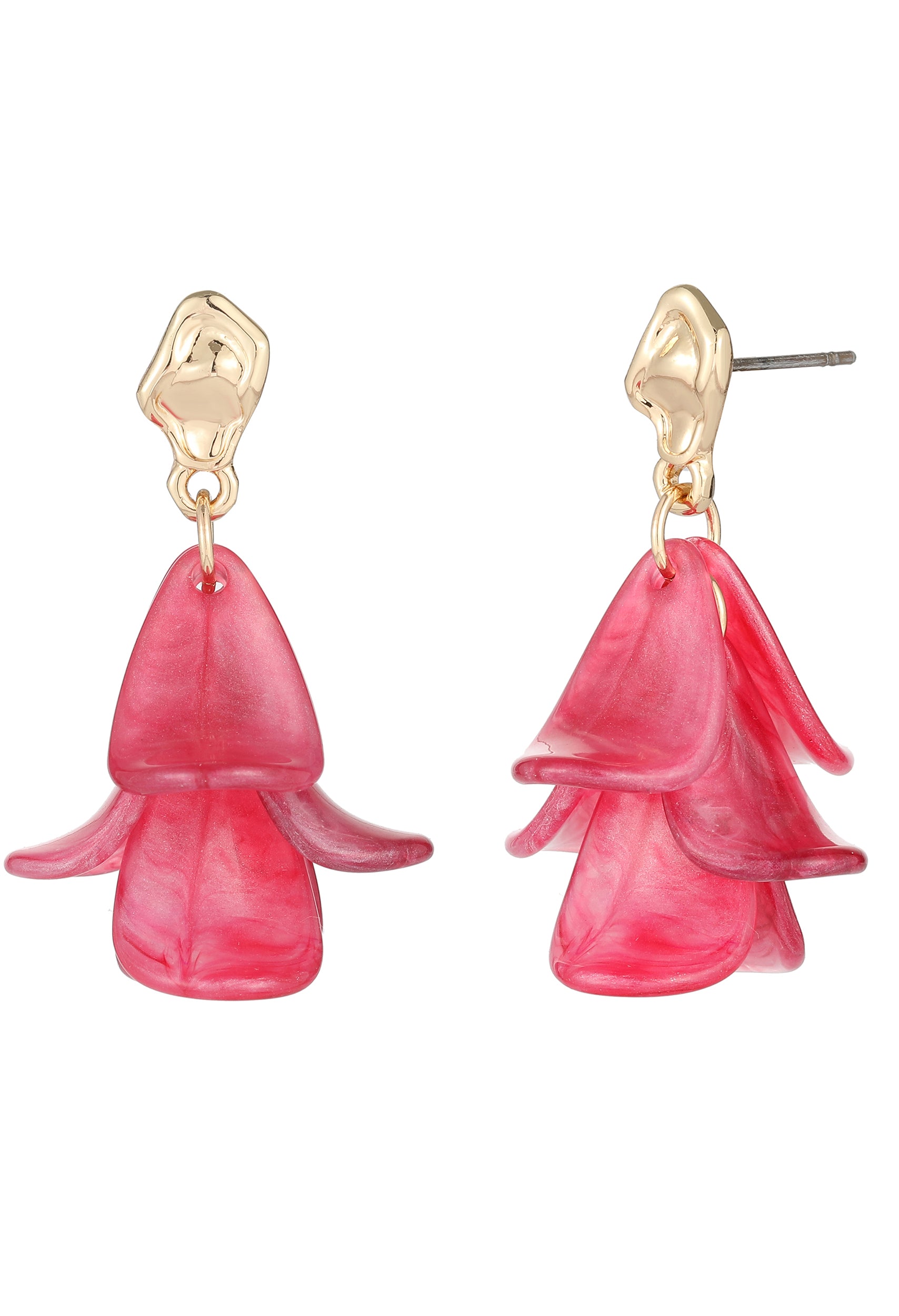 Pink flower-shaped earrings with gold hooks on a white background