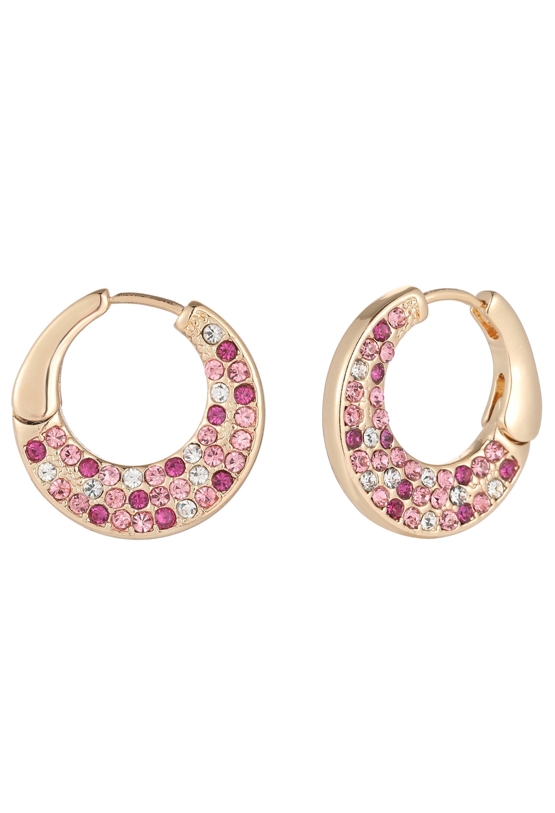 Pair of gold hoop earrings with pink gemstones on a white background