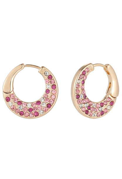 Pair of gold hoop earrings with pink gemstones on a white background
