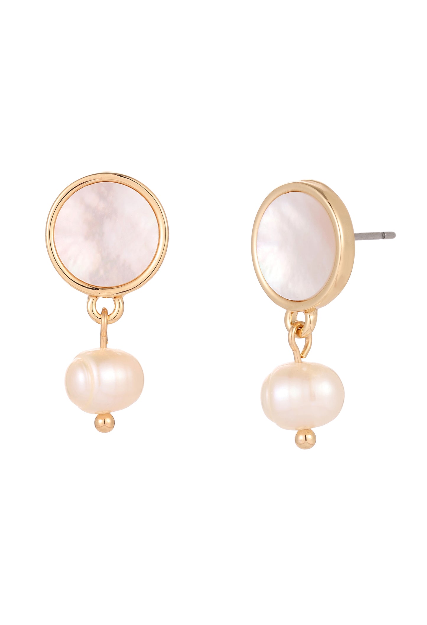 Pair of earrings with gold and pearl design on a white background