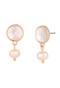 Pair of earrings with gold and pearl design on a white background
