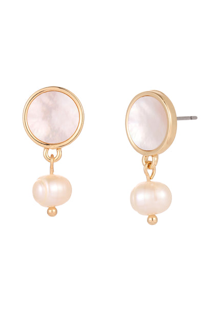 Pair of earrings with gold and pearl design on a white background