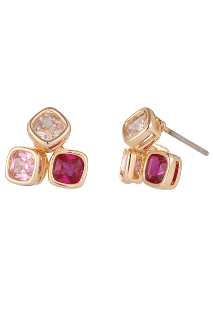 Gold earrings with pink and red gemstones on a white background