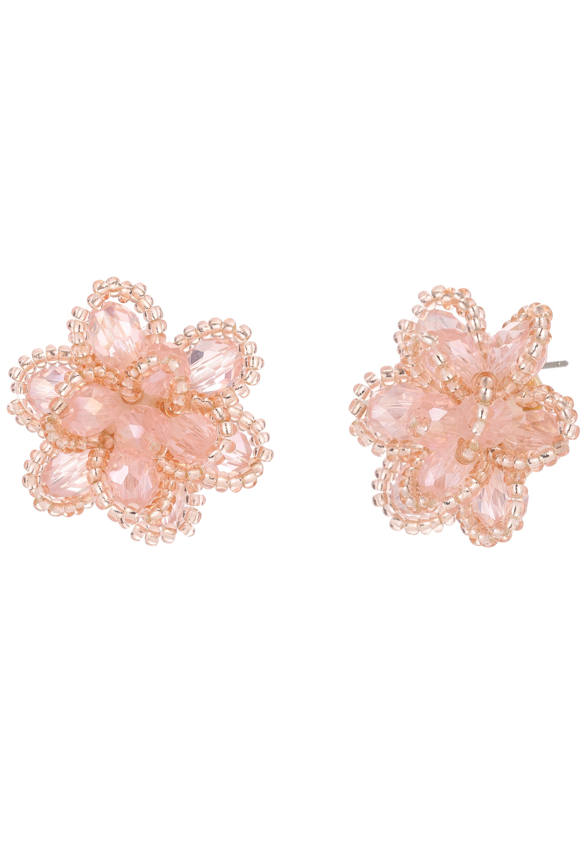Pair of pink floral earrings on a white background