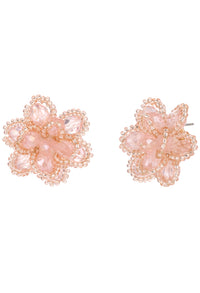 Pair of pink floral earrings on a white background