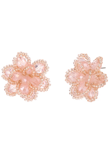 Pair of pink floral earrings on a white background