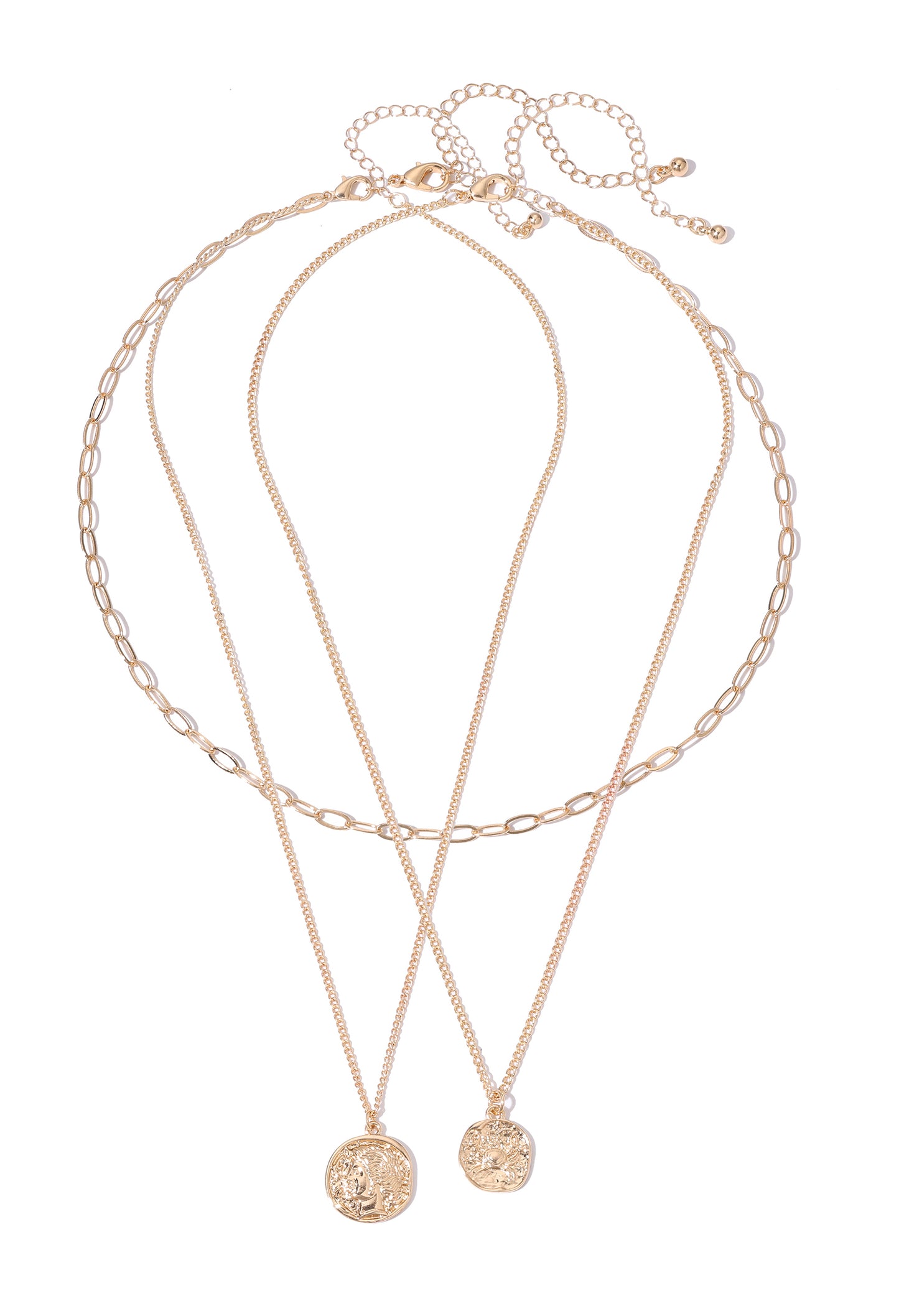 Rose gold necklace with two pendant charms on a white background