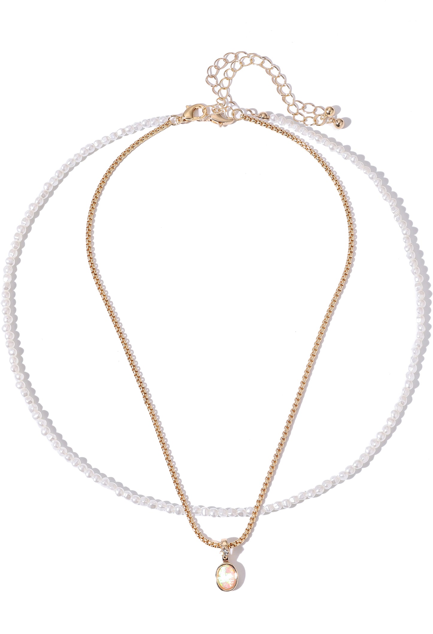 Gold necklace with a pearl pendant on a white background