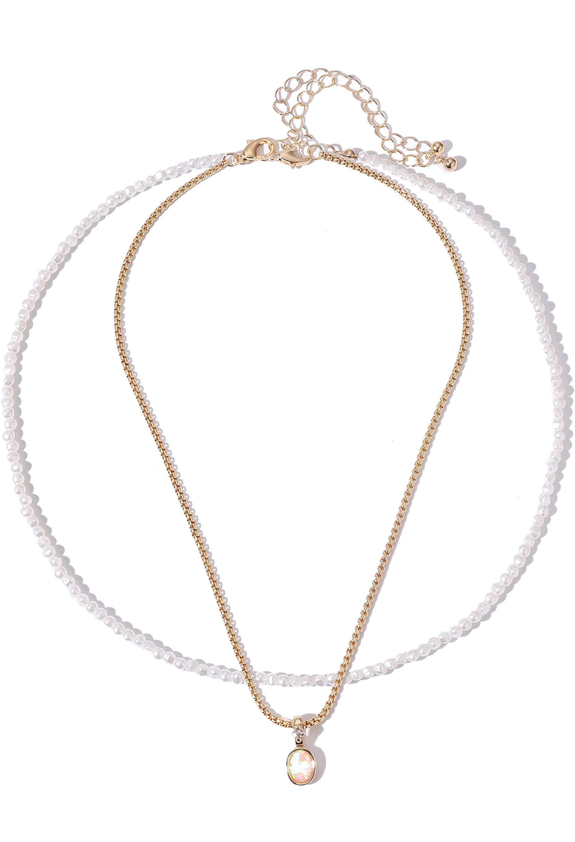 Gold necklace with a pearl pendant on a white background