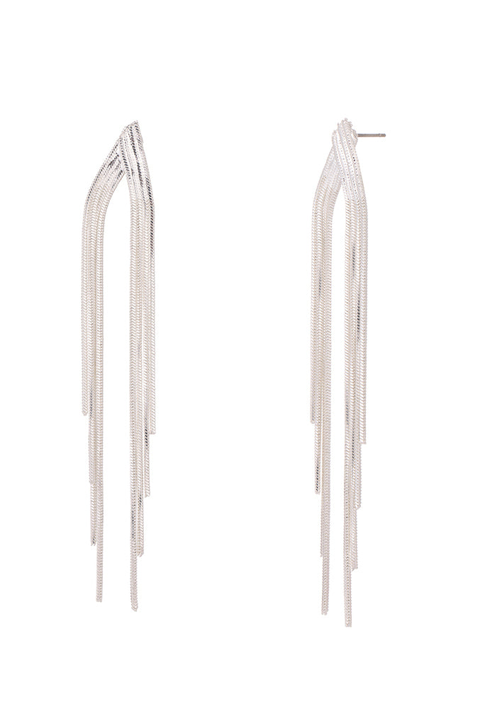 Pair of long, thin silver earrings on a white background