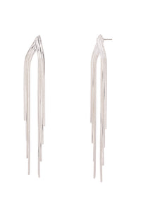 Pair of long, thin silver earrings on a white background