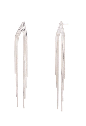 Pair of long, thin silver earrings on a white background