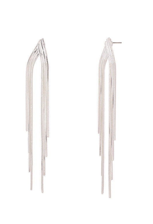 Pair of long, thin silver earrings on a white background