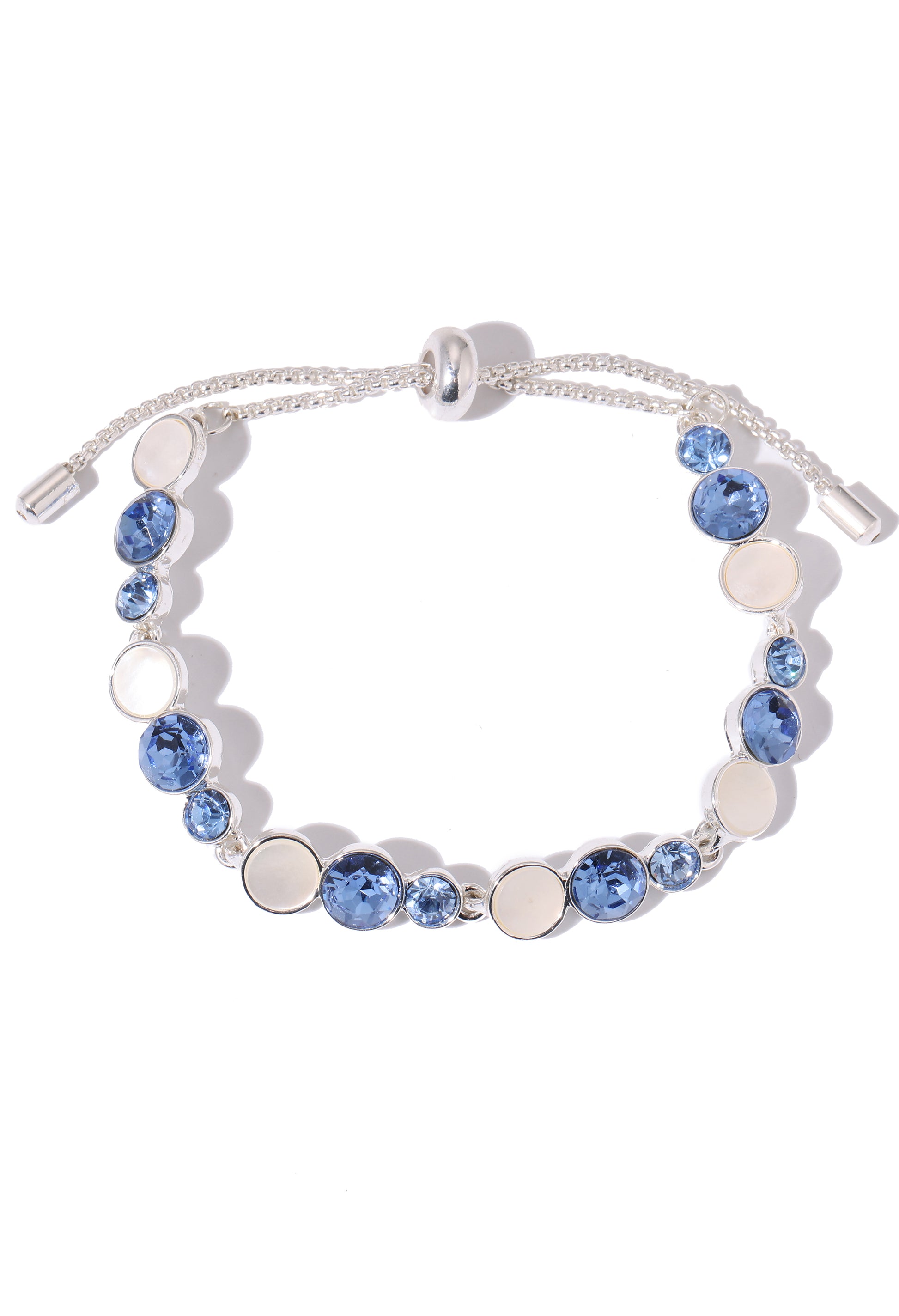 Bracelet with blue and silver beads on a white background