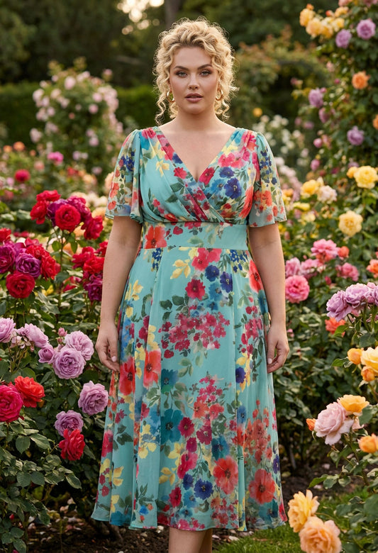 Victoria Angel Sleeve Mesh Midi Curve+ Dress