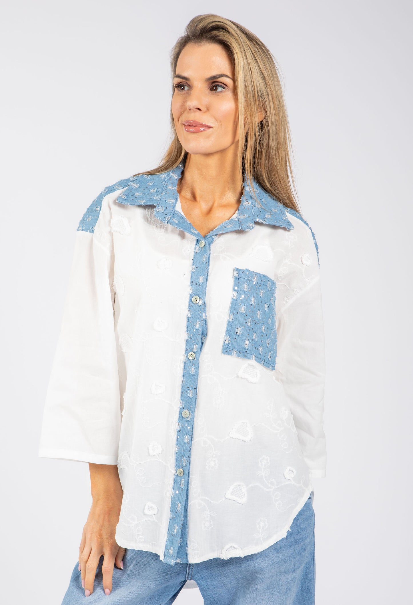 Denim Detail Floral Shirt