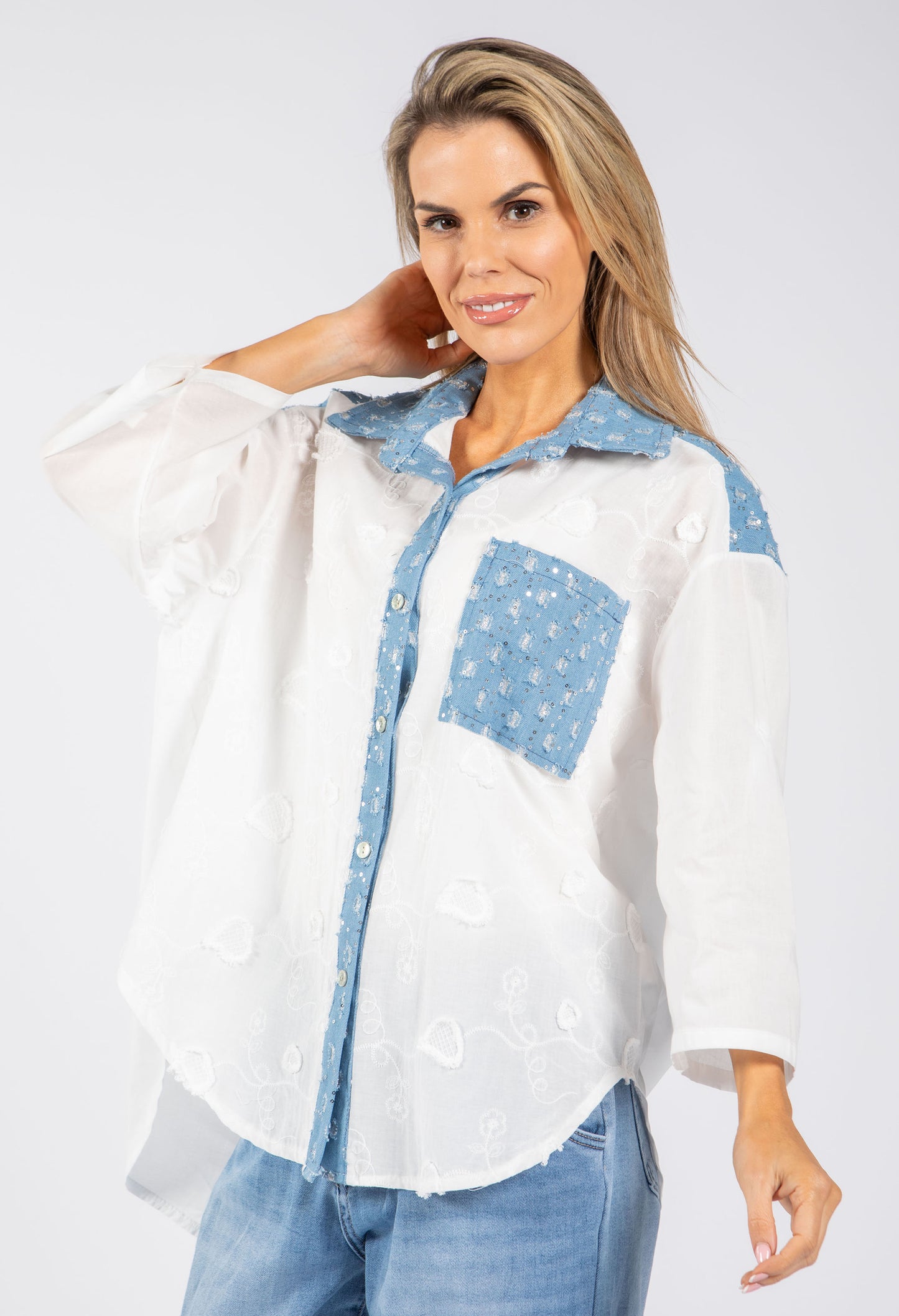 Denim Detail Floral Shirt