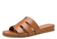 tan slide on sandal made from faux leather