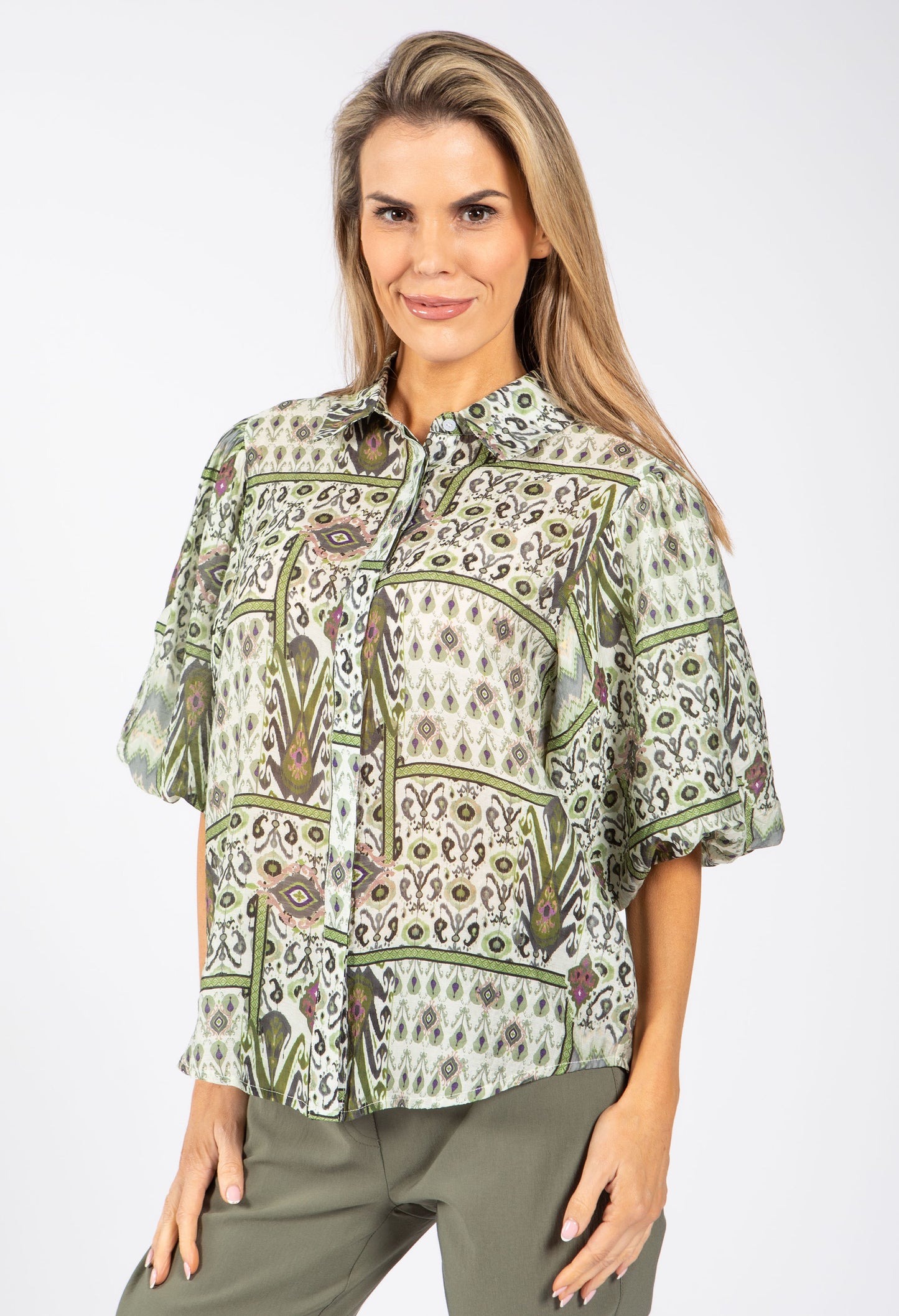 Mosaic Print Balloon Sleeve Blouse