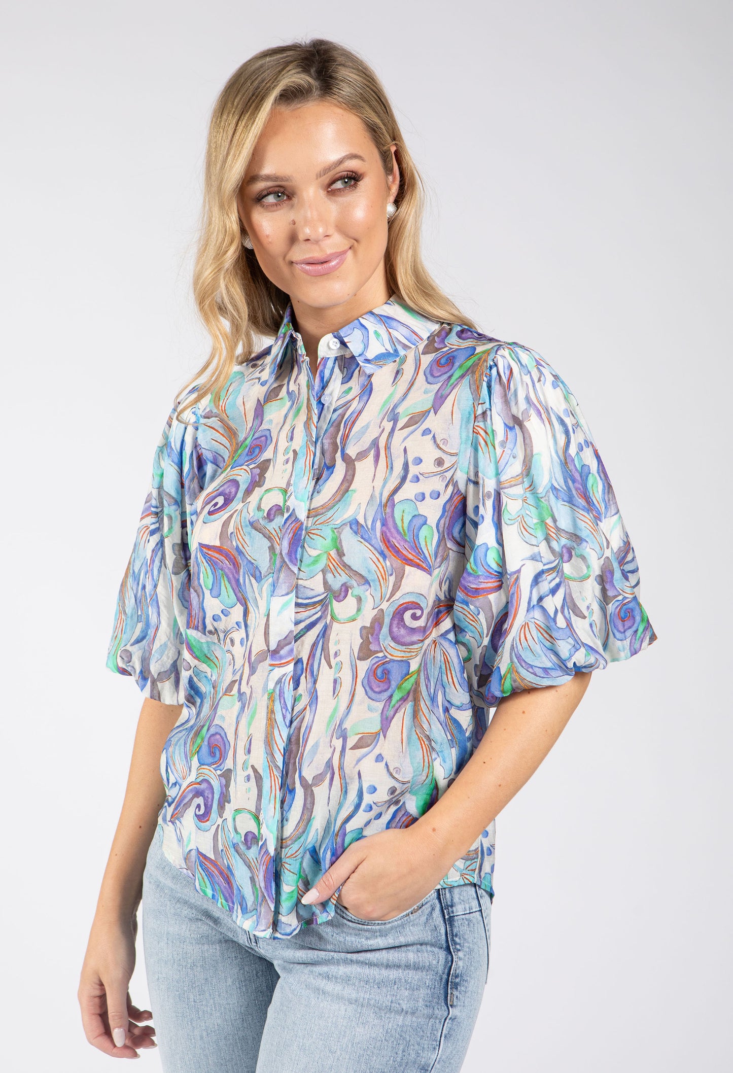 Abstract Balloon Sleeve Blouse