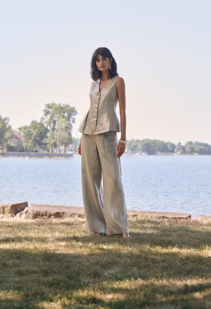 Foiled Linen Pull-on Wide Leg Trousers