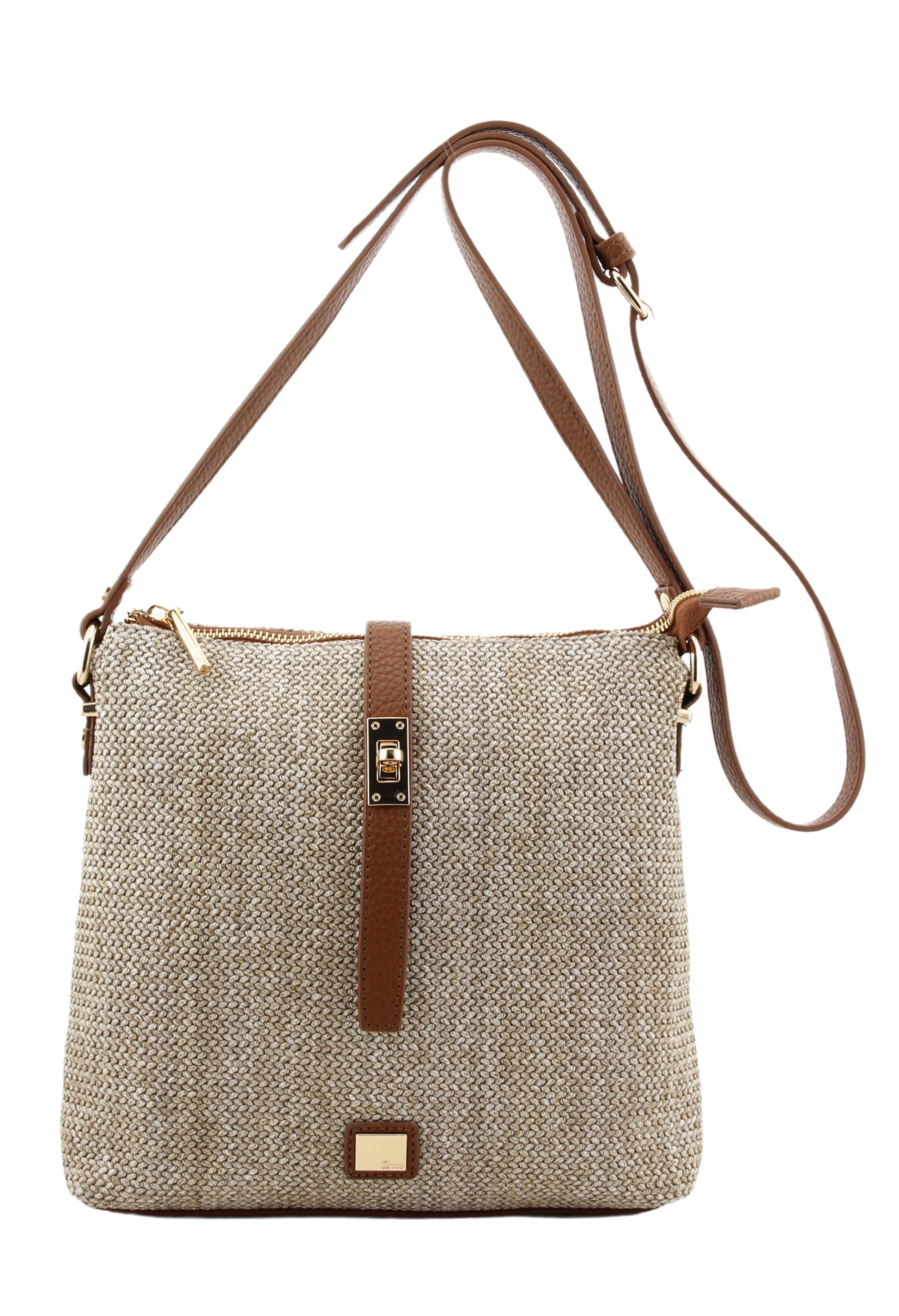 Beige woven handbag with brown leather straps on a white background
