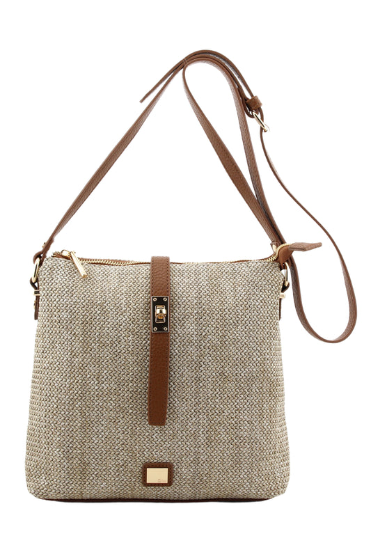 Beige woven handbag with brown leather straps on a white background