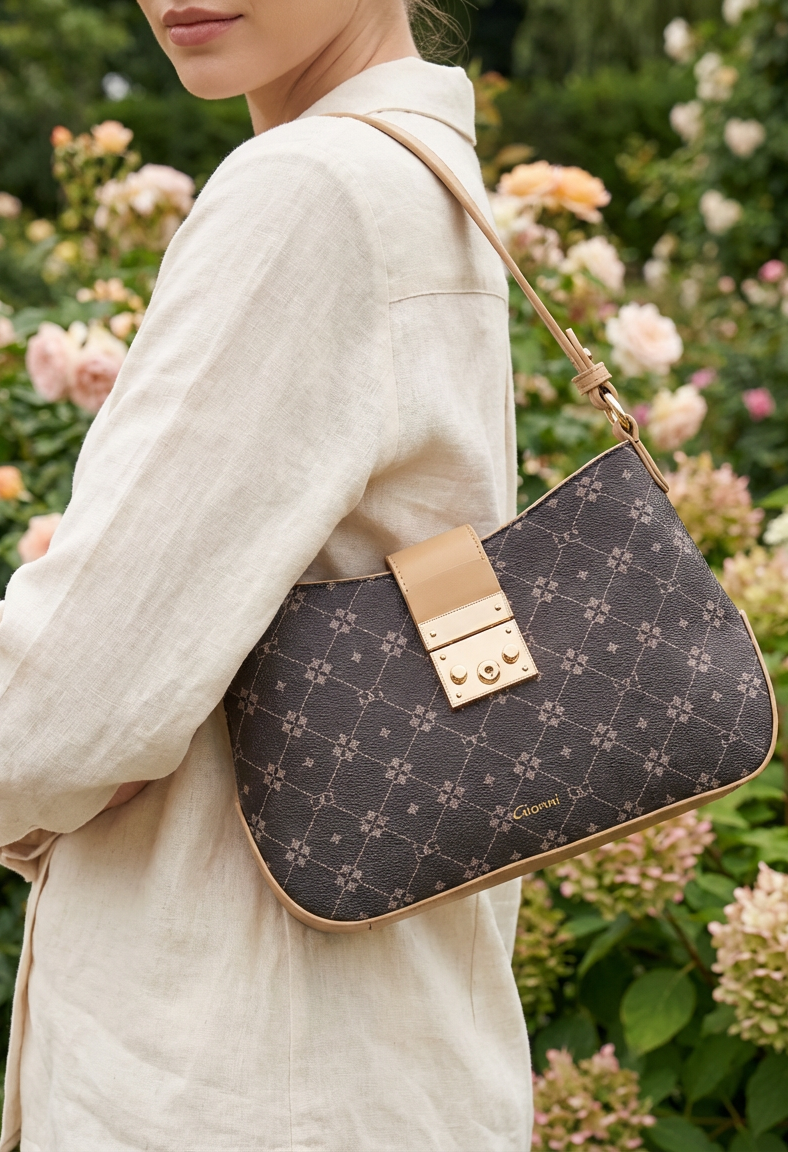 Person holding a patterned handbag with a garden in the background