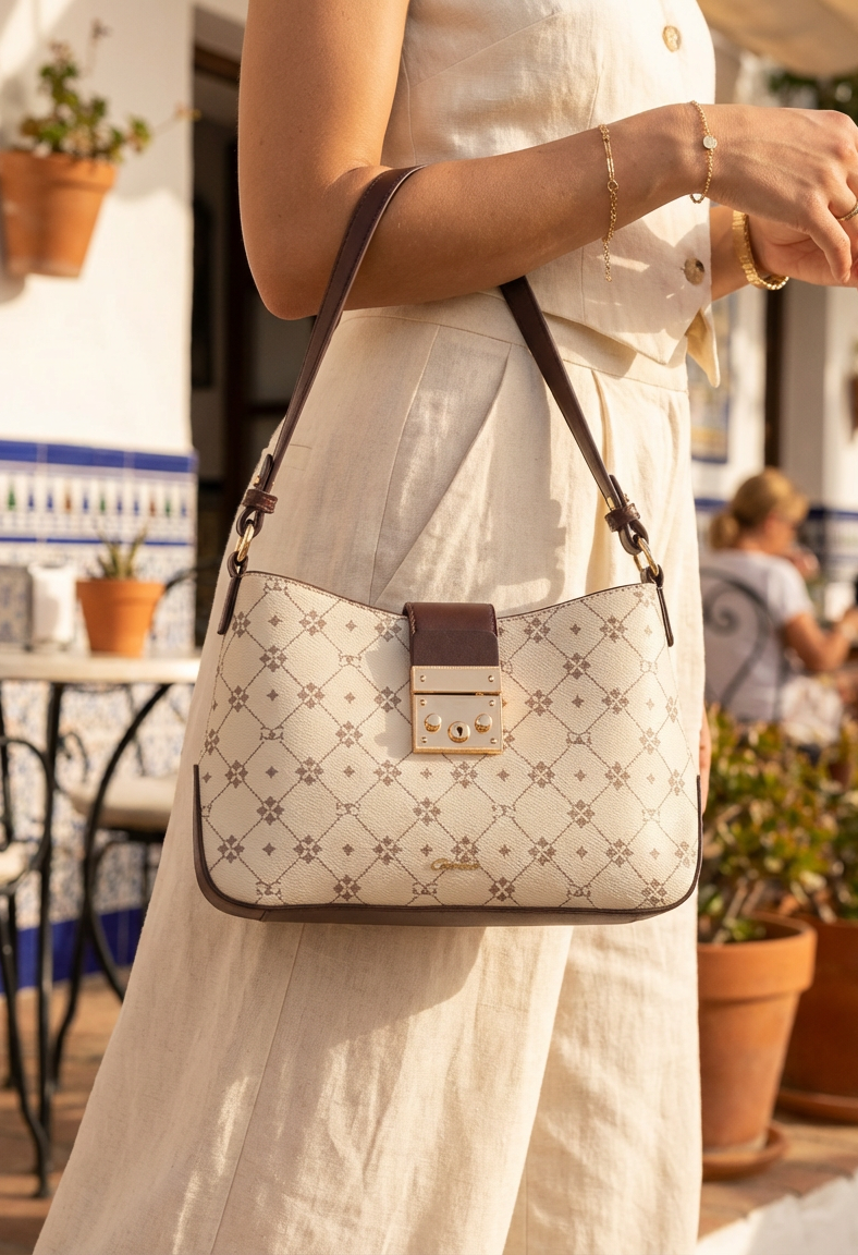 Person holding a patterned handbag with a blurred outdoor background