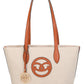 Beige tote bag with brown handles and logo on a white background