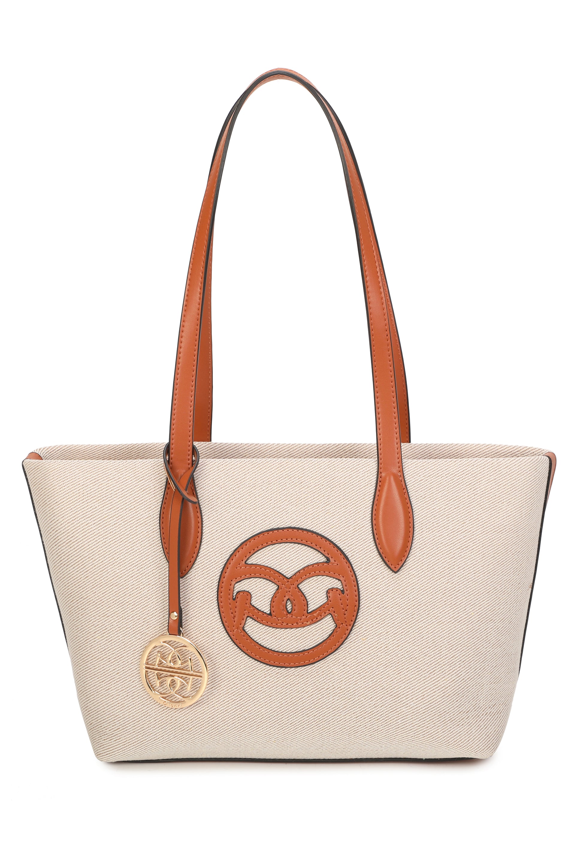 Beige tote bag with brown handles and logo on a white background