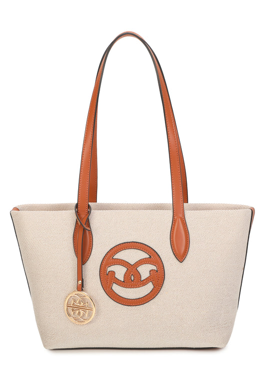 Beige tote bag with brown handles and logo on a white background