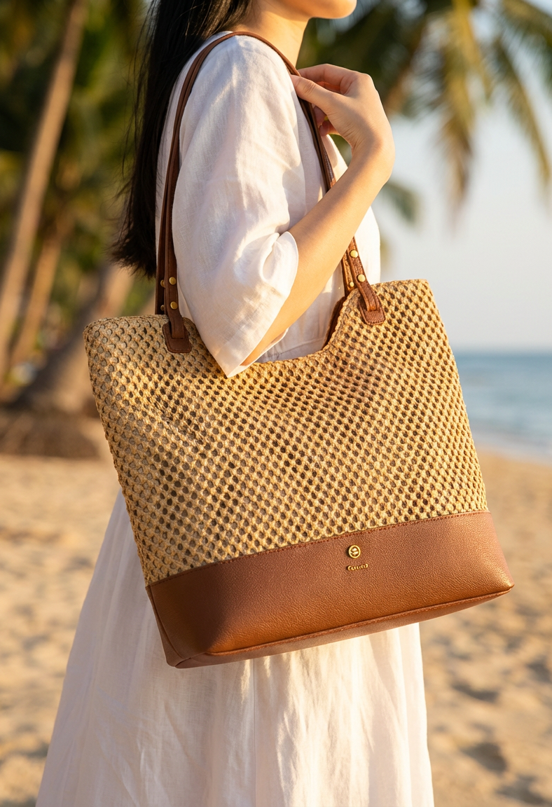 Person holding a woven handbag on a beach with palm trees in the background