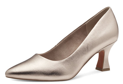 Gold high-heeled shoe on a white background