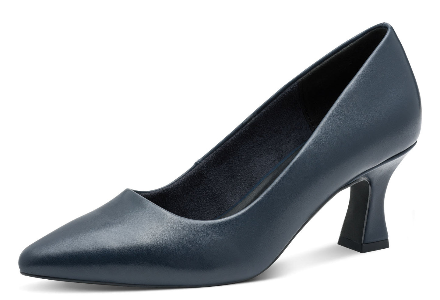 Navy blue high-heeled shoe on a white background