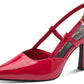 Red high-heeled shoe with a strap on a white background