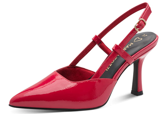 Red high-heeled shoe with a strap on a white background