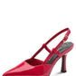 Red high-heeled shoe with a slingback design on a white background