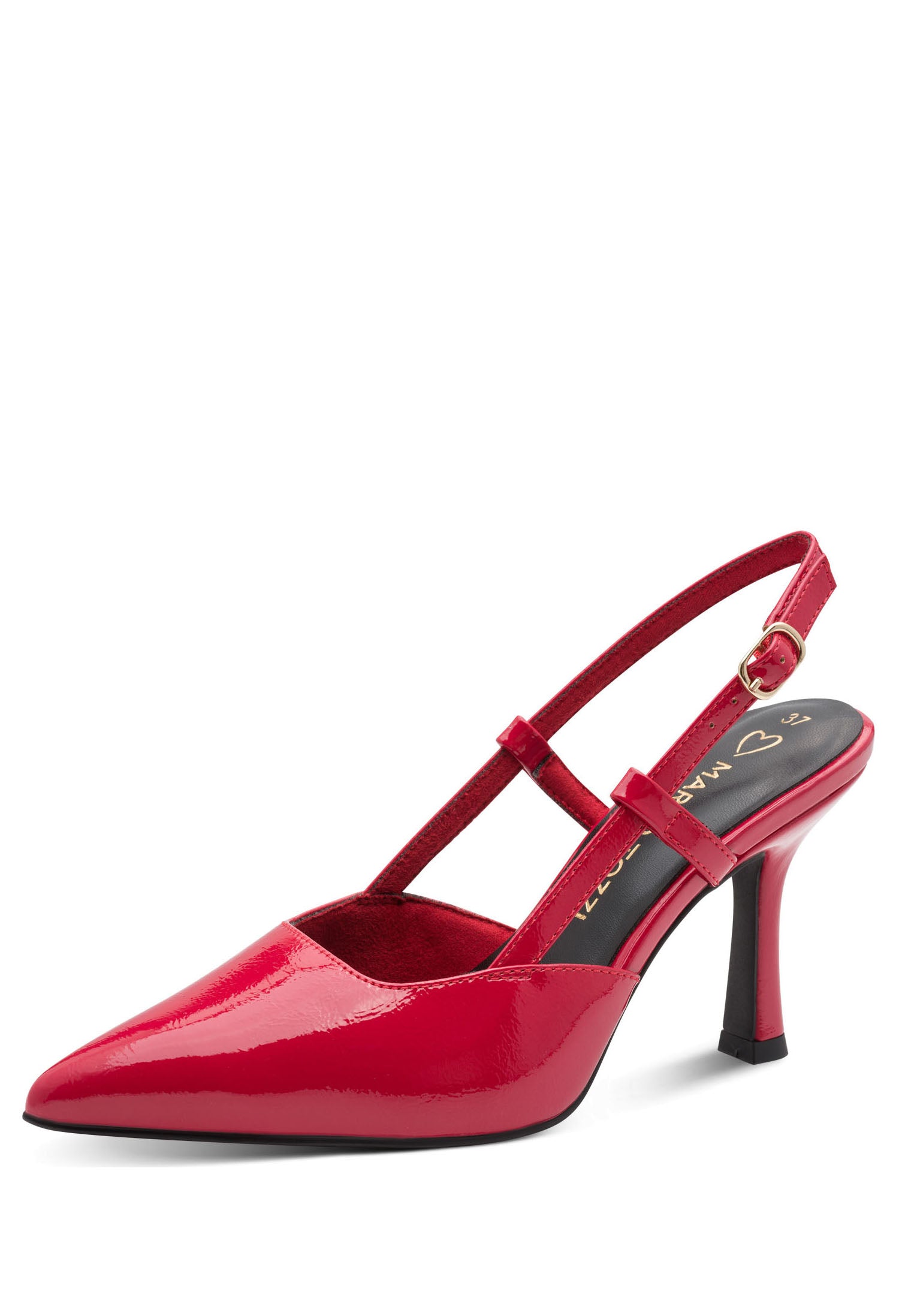 Red high-heeled shoe with a slingback design on a white background