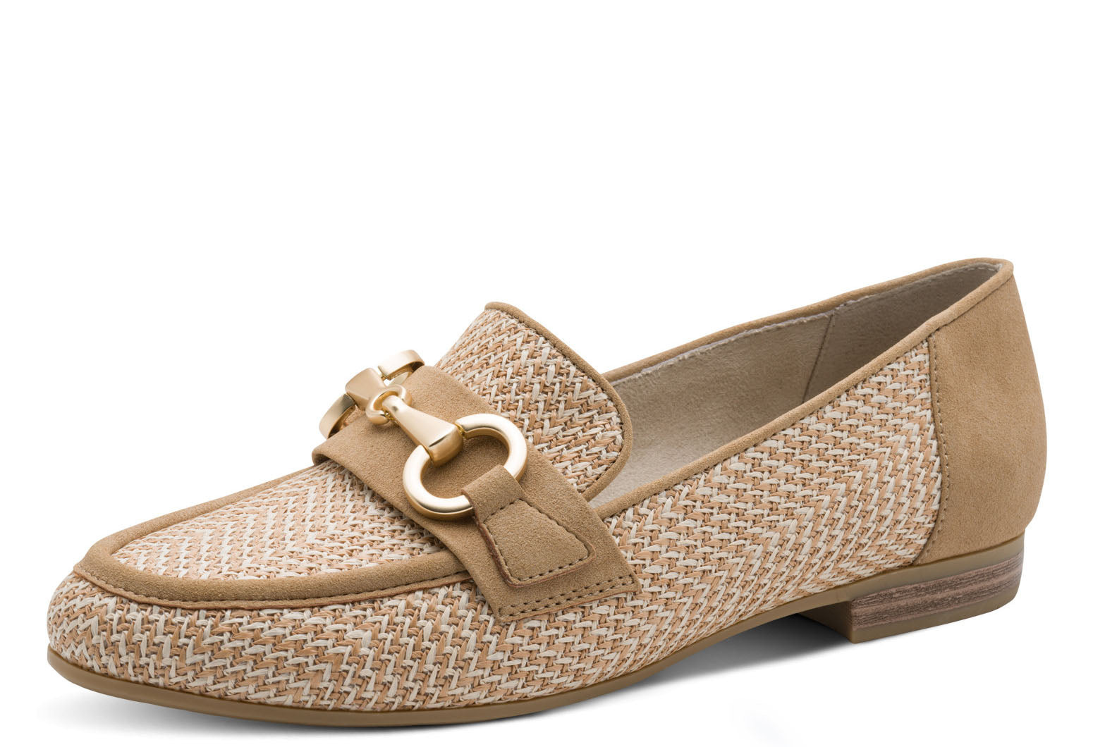 Beige loafer shoe with woven pattern on a white background
