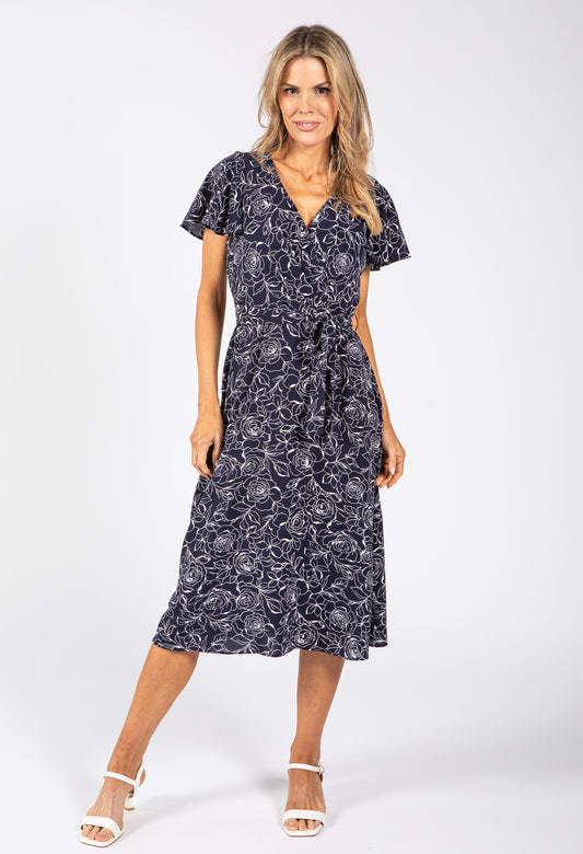 Faux Wrap Floral Midi Dress