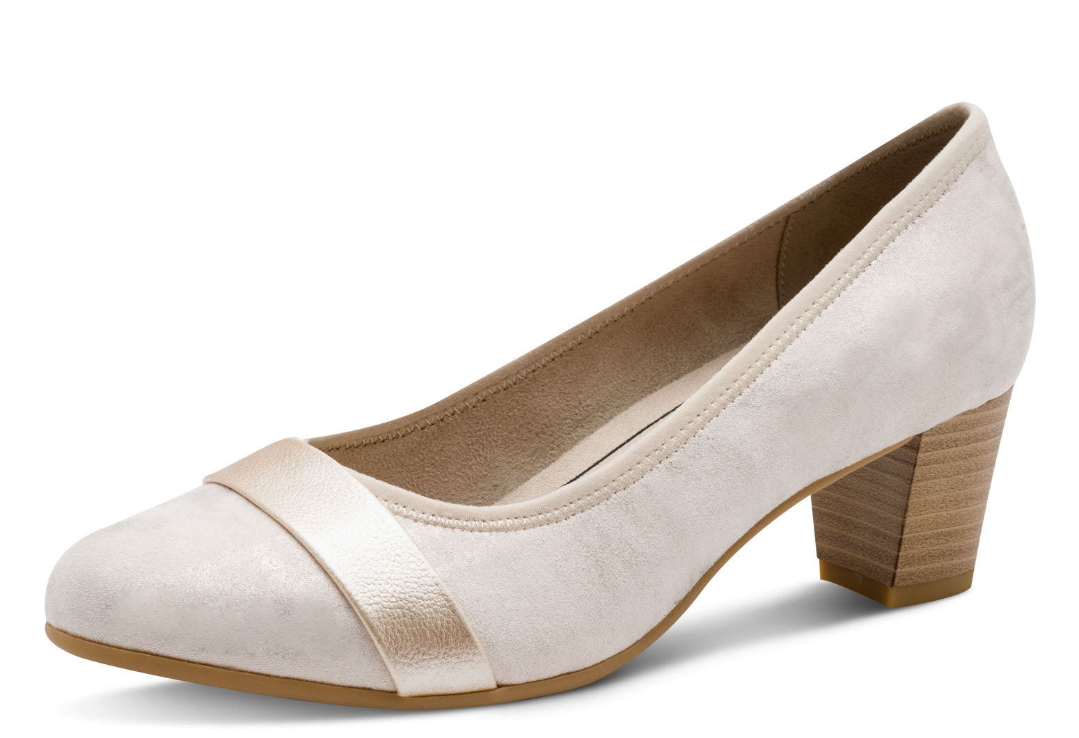 White shoe with a wooden heel on a white background