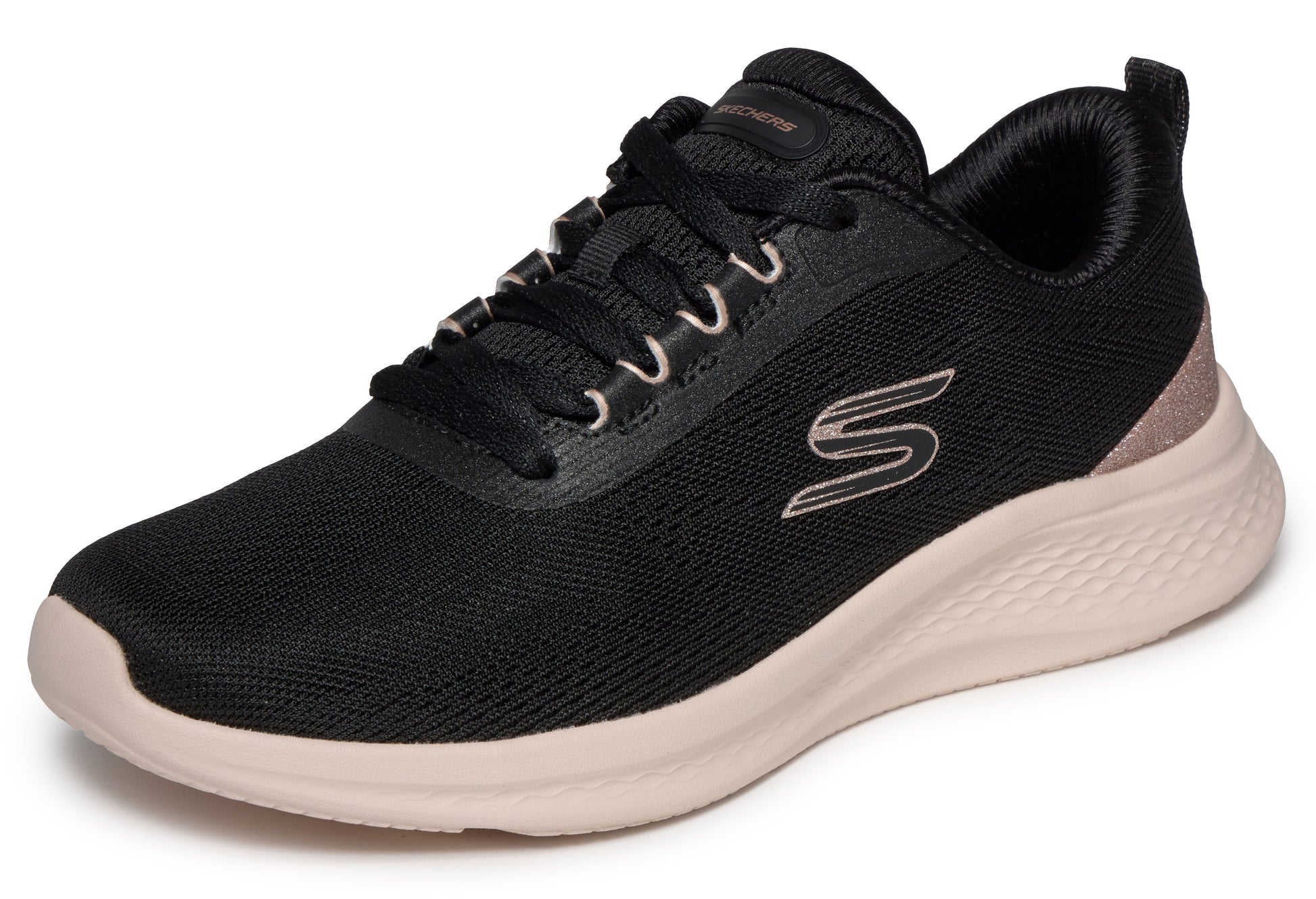 Black running shoe with beige sole on a white background